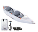 A white and grey inflatable kayak shown on a clean white background, with its included accessories arranged below: a white carrying bag, a black manual pump, and two black fins. 