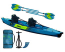 Blue and lime green Jobe's Tasman inflatable double kayak shown with two paddles, a black pump, a carrying bag, and a skeg.