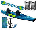Jobe's Tasman inflatable double kayak set in blue and lime green, shown with two paddles, two gray and black life vests, a carrying bag, a pump, and a paddle blade on a white background.